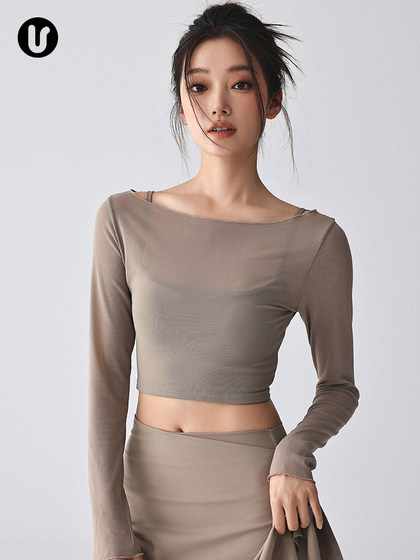 가짜 2 피스 요가 슈트 긴팔 여성의 새로운 블라우스 메쉬 퀵 건조 필라테스 훈련 피트니스 스포츠 탑 세트 가짜 2 피스 요가 슈트 긴팔 여성의 새로운 블라우스 메쉬 퀵 건조 필라테스 훈련 피트니스 스포츠 탑 세트