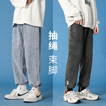 Jeans Mens spring and autumn relaxed bunches and ropes for two wear 90% Pants Korean Version Trend Day Ensemble Casual 100 lap pants