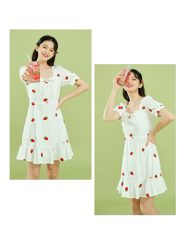 IEF / Aiyifu Pháp niche dress nữ 2021 mùa hè mới tính khí mới cổ vuông in họa tiết hoa quả váy - A-Line Váy