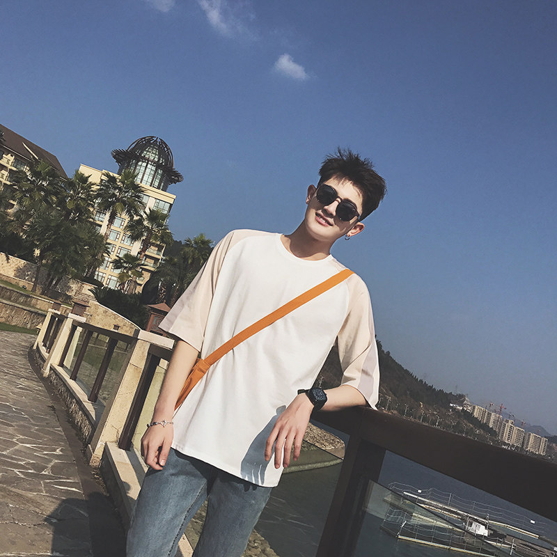 港风5分短袖t恤男韩版潮流学生宽松百搭五分袖日系体恤桖夏季衣服