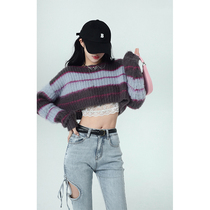 Aunt Barbie Aunt Short sweater Spring paragraph Girl clothing 2022 Lazy Loose Gentle Wind Striped Pint-shirt Hot Girl Blouse