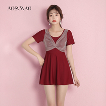 One-piece swimsuit female summer conservative thin belly cover belly small chest 2021 bubble new hot spring Korea ins flat corner swimwear