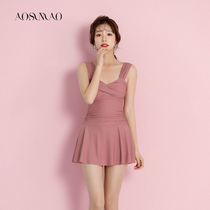 One-piece swimsuit women 2021 New thin Belly Belly small chest gathering soak hot spring conservative skirt flat swimsuit women