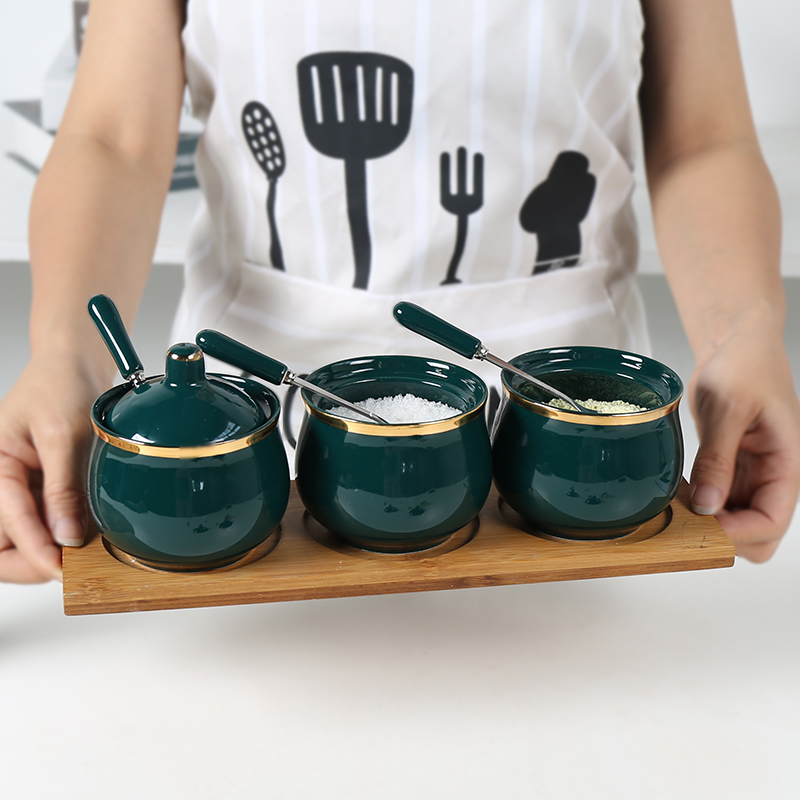 Emerald flavor pot three - piece combination with ceramic jar with cover household kitchen single run condiment jar