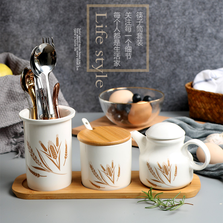 Ceramic pot of chili sauce condiment jar caster vinegar original oil pot seasoning salt sugar household kitchen combination suit