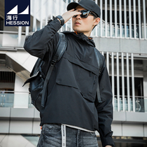 Haixing black hooded half zipper sleeve sweater mens spring and autumn style sports windproof loose tooling jacket