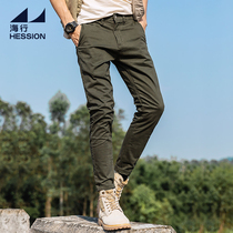 Haijun Green mens straight casual pants comfortable elastic slim mens pants Korean trend small straight leg pants