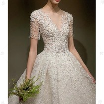 Main wedding dress bride 2021 new temperament autumn and winter v-neck starry sky big tail small man light heavy work Hepburn