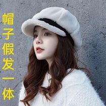 Hat wig one female autumn and winter Lamb hair octagonal hat warm wool roll cap long curly hair full head cover