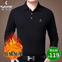 Woodpecker pure cotton winter long-sleeved T-shirt mens velvet thickened dad outfit lapel loose middle-aged POLO shirt clothes