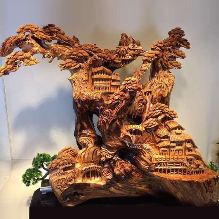 太行崖柏根雕摆件老料山里人家山水倒流香花鸟木雕家居工艺品送礼