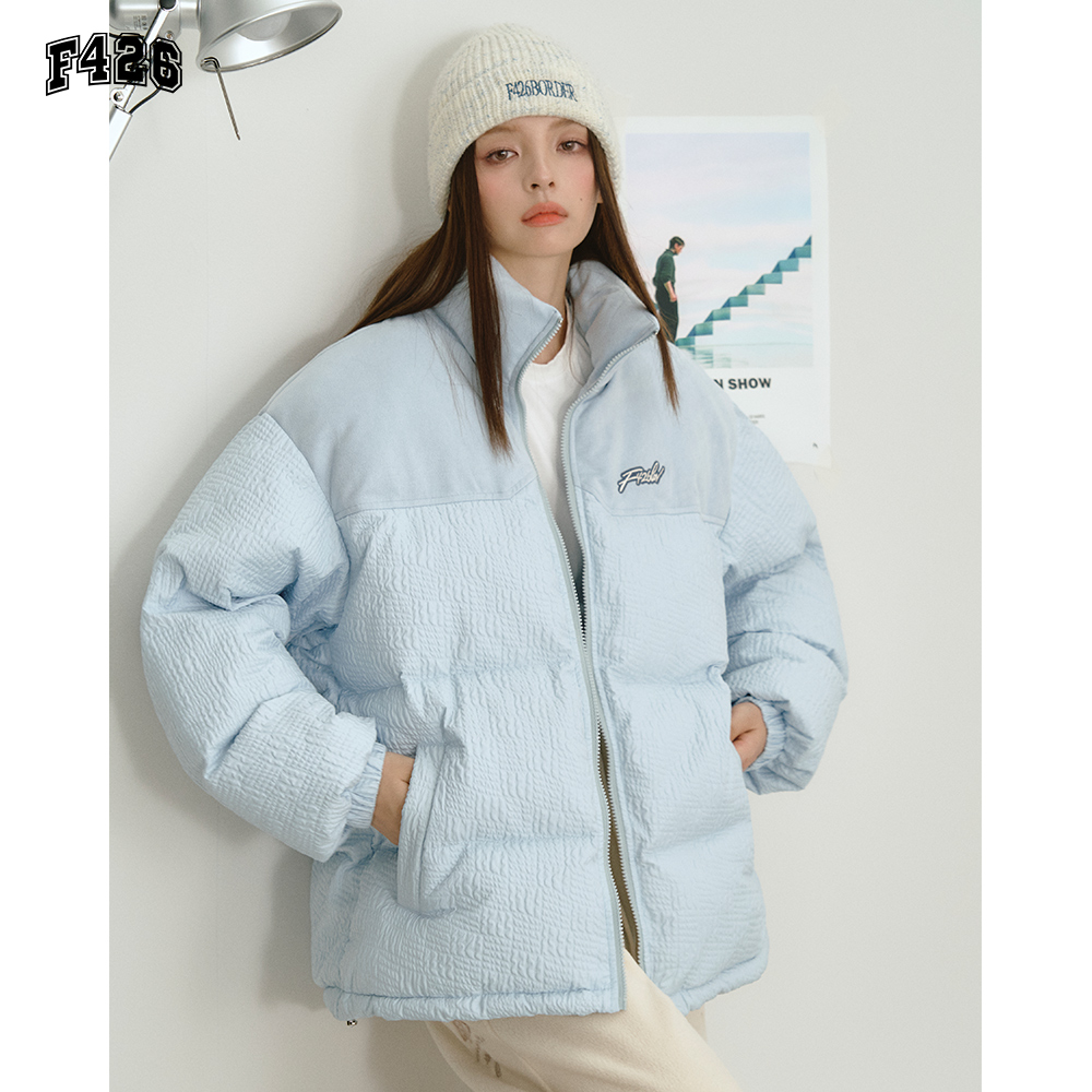 【F426官方店】国潮牌情侣嘻哈冬季褶皱纹理仿麂皮拼接涂鸦棉服