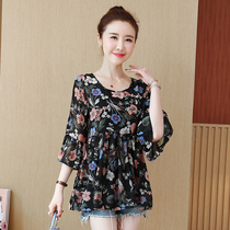 Large size fat mm loose belly cover chiffon womens coat 2021 new fat sister printed foreign small shirt female summer