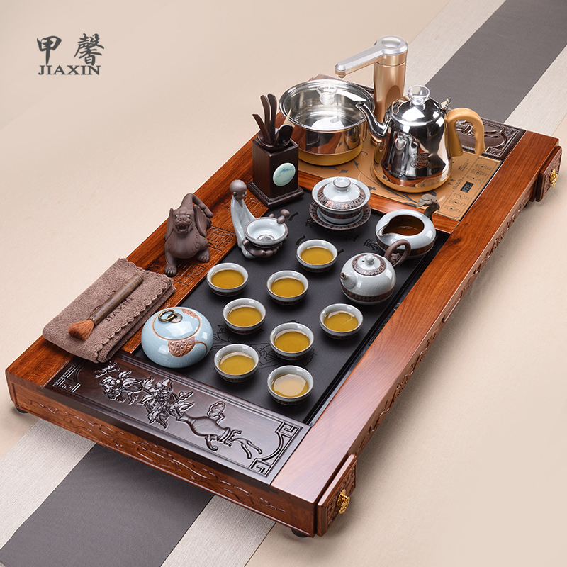 Shadow at hua limu blooming flowers, blue and white porcelain kung fu tea set automatic water solid wood tea tray household JX