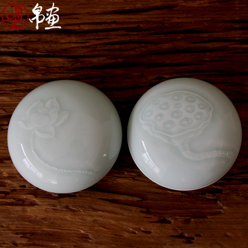 Shadow enjoy | jingdezhen porcelain pot celadon inkpad box hand - carved lotus canister JH