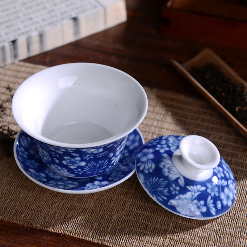 Only three bowl of tea tea set large jingdezhen blue and white porcelain tureen checking ceramic kung fu tea set to use