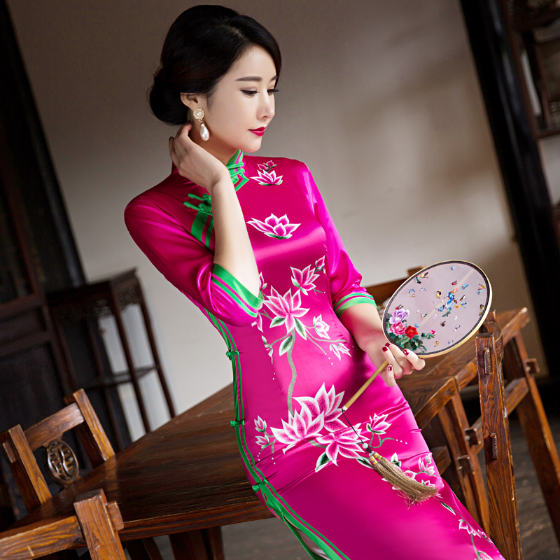 秋冬2017新款优雅复古四十岁女人宴会七分袖高档真丝丝绸长款旗袍