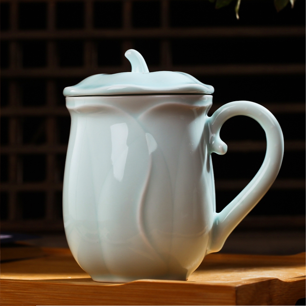 Qiao mu jingdezhen shadow celadon teacup ceramic cup tea cup single CPU office cup with cover cup, cup