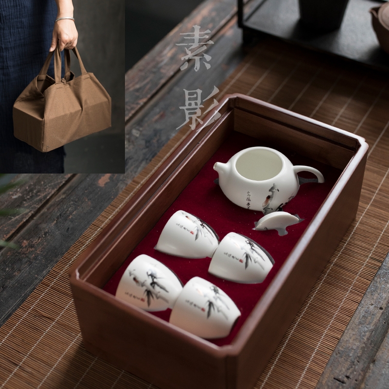 Qiao mu white porcelain bamboo box travel tea set is suing a pot of three to four cups of ceramic tureen hand grasp pot teapot