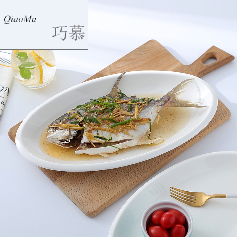 Qiao mu pure white ceramic fish ellipse home steamed soup hotel plate on the glaze color of Chinese style since pearl fish