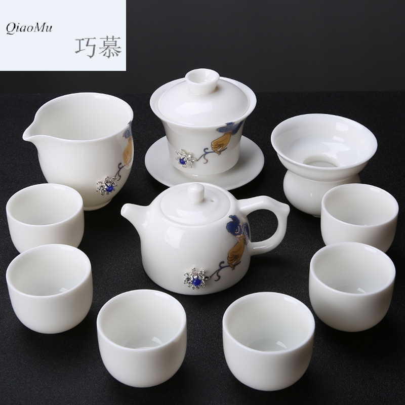 Qiao mu dehua white porcelain kung fu tea set with silver suet jade porcelain household tureen of a complete set of tea cups teapot