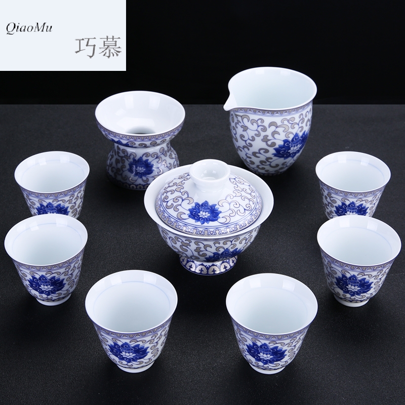 Qiao longed for a whole set of jingdezhen ceramic tea set suit household kung fu tea taking office of blue and white porcelain teapot tea