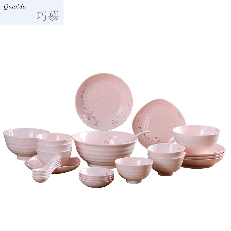 Qiao mu under the glaze color of household ceramic bowl tableware suit Japanese creative microwave bowl dish of rice bowls spoon