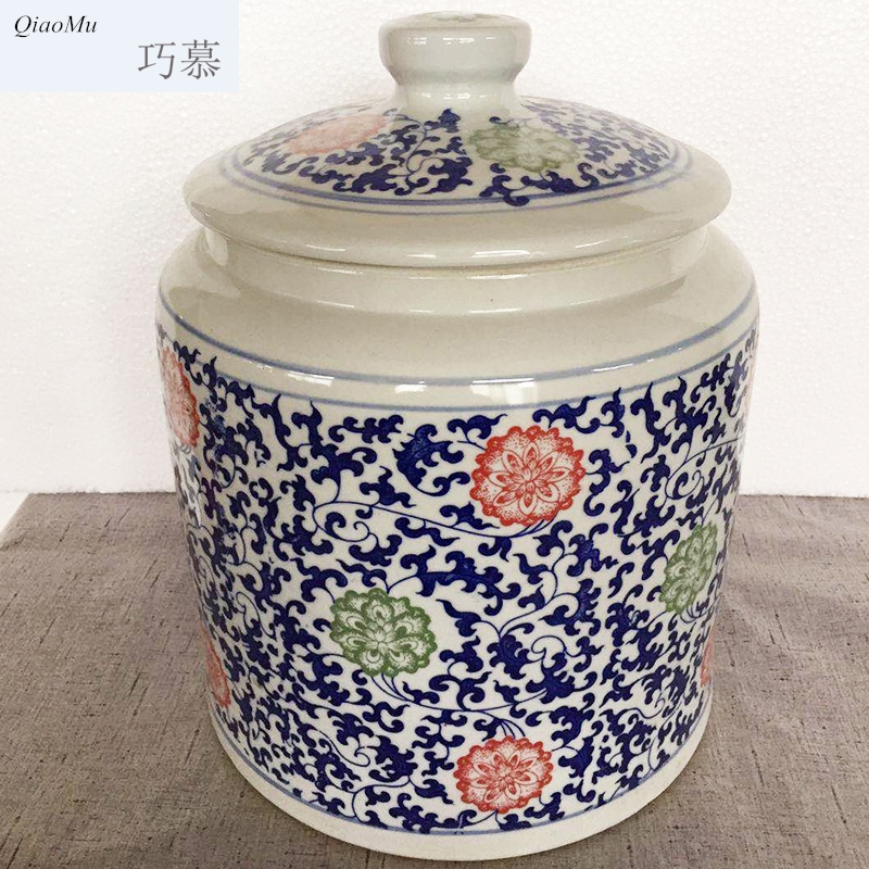 Qiao mu 15 pounds with blue and white porcelain barrel with cover rice bucket 30 jin of rice storage box household insect moisture - proof seal surface