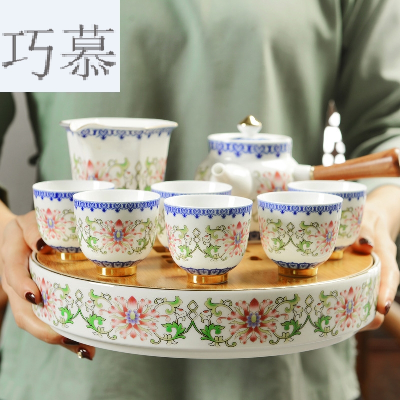 Qiao mu ceramic Japanese kung fu tea set suit household small circular bamboo tea tray was mini water mercifully tea it dry