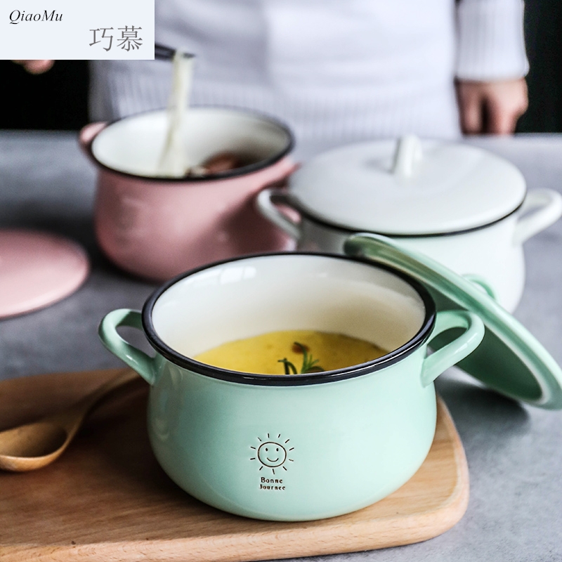 Qiao mu candy color, lovely ceramic ears rainbow such as bowl soup bowl with cover mercifully salad bowl household small saucepan rainbow such use
