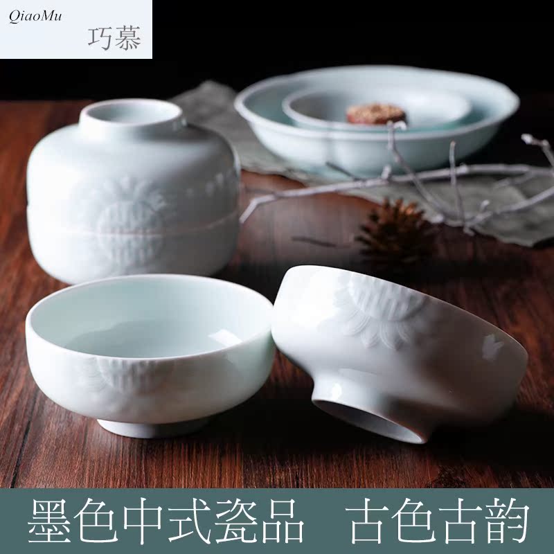 Qiao mu creative jingdezhen ceramic bowl home eat rice bowl green tableware disk bowl bowl large soup bowl happy character