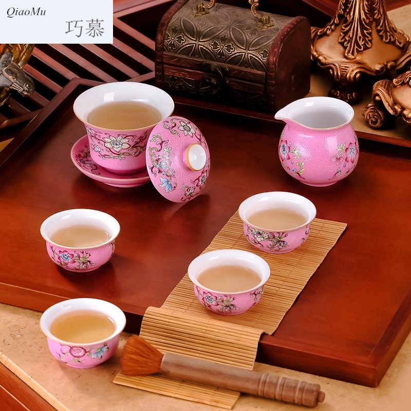 Qiao mu JYD grilled pastel flowers tea sets 6 head jingdezhen ceramic cups tureen hand - made of a mixture
