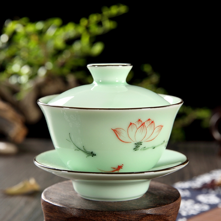 Qiao mu QGZ household kung fu tea set ceramic longquan celadon hand - made tureen tea cup bowl bowl three cups