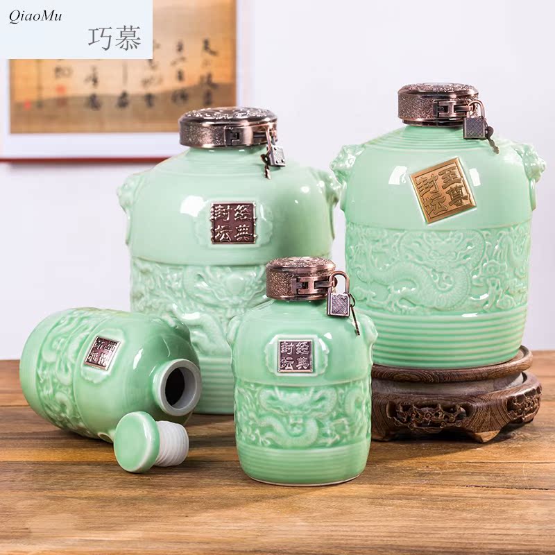 Qiao mu jingdezhen 1 catty three catties 5 jins of ceramic bottle seal pot green glaze bottle wine pot liquor wine bottle is empty