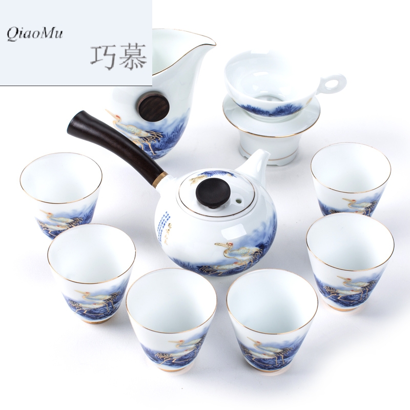 Qiao mu hand - made ceramic household wooden side of a complete set of the see colour white porcelain tea set kung fu tea pot of celadon