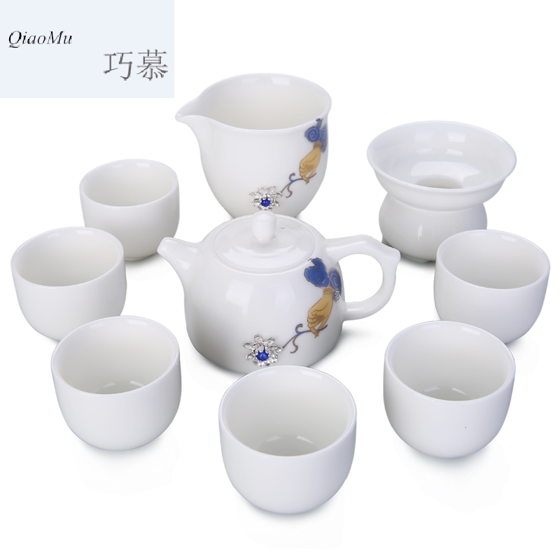 Qiao mu dehua white porcelain kung fu tea set with silver suet jade porcelain household tureen of a complete set of tea cups teapot