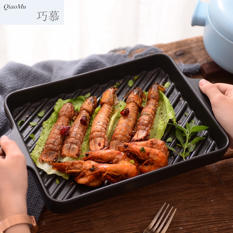 Qiao mu boutique American steak Korean teppanyaki barbecue plate household ceramic plate sand pot roast chicken pan Fried fish