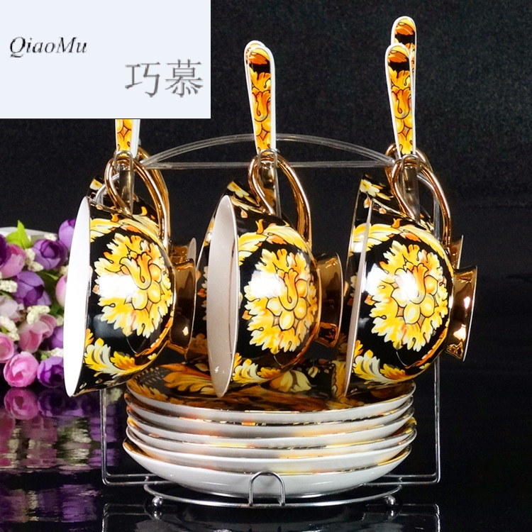 Qiao mu high - class European - style ipads porcelain coffee cup suit creative English pottery flower cup 6 cups and saucers spoon bracket with the set of 6