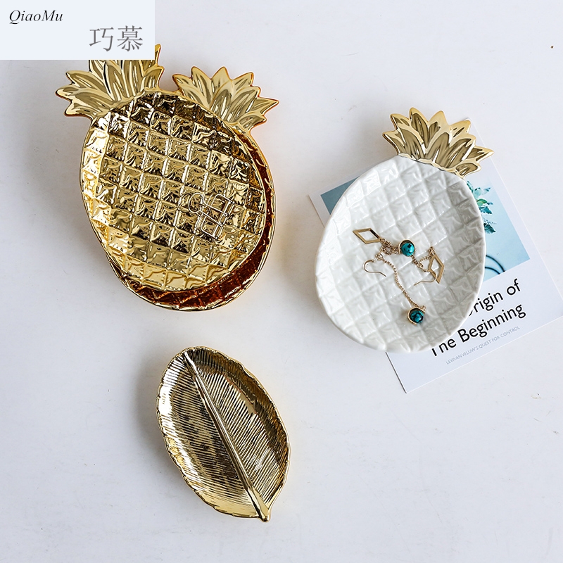 Qiao mu Nordic gold plating ceramic pineapple plate leaves jewelry receive plate dessert plate decoration plate