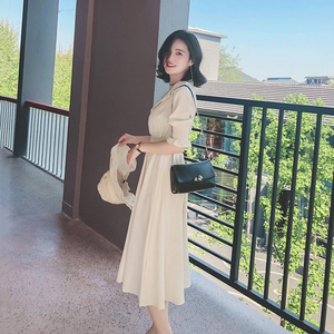 2018夏装新款韩版女装优雅气质短袖裙子修身雪纺V领连衣裙女长裙