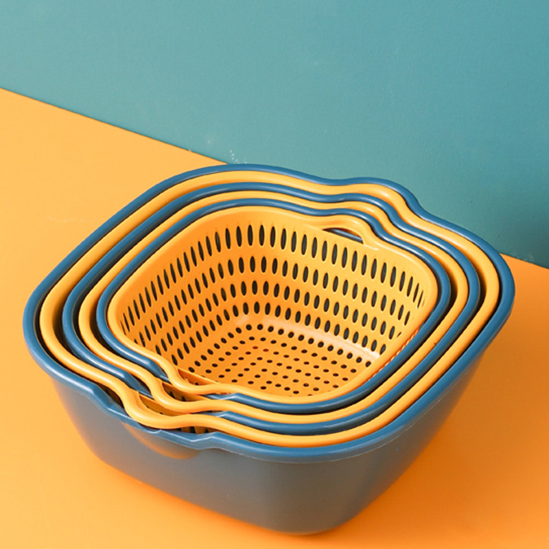 z【6件套】洗菜盆沥水篮塑料洗菜篓双层方形洗菜筐子洗水果盘客