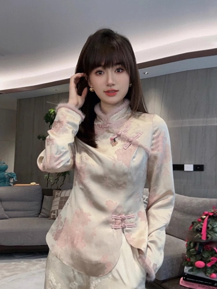 New Chinese style Wind Thickened Zen shirt woman 2023 autumn winter style Tangclothing retro disc buckle to fit in the bottom shirt-Taobao