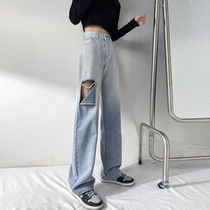 Perforated gradient jeans womens summer 2021 new straight loose design sense niche wide-leg pants thin section