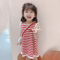 Tide brand girl stripe sling vest dress 2021 summer new female baby sleeveless princess skirt foreign air dress