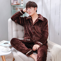 Japanese mens flannel sleepwear autumn and winter long sleeves thickened Garsuede Coral Suede Home Suit Big Code Two Sets