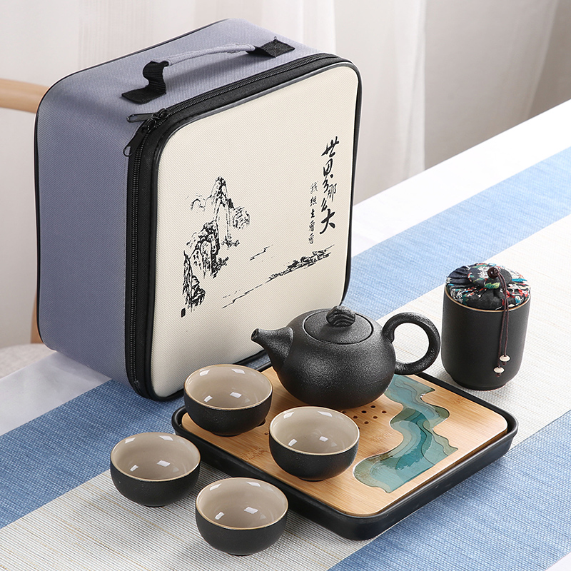 Sand embellish kung fu tea set of black suit household contracted ceramic Japanese is suing travel portable package small dry tea tray