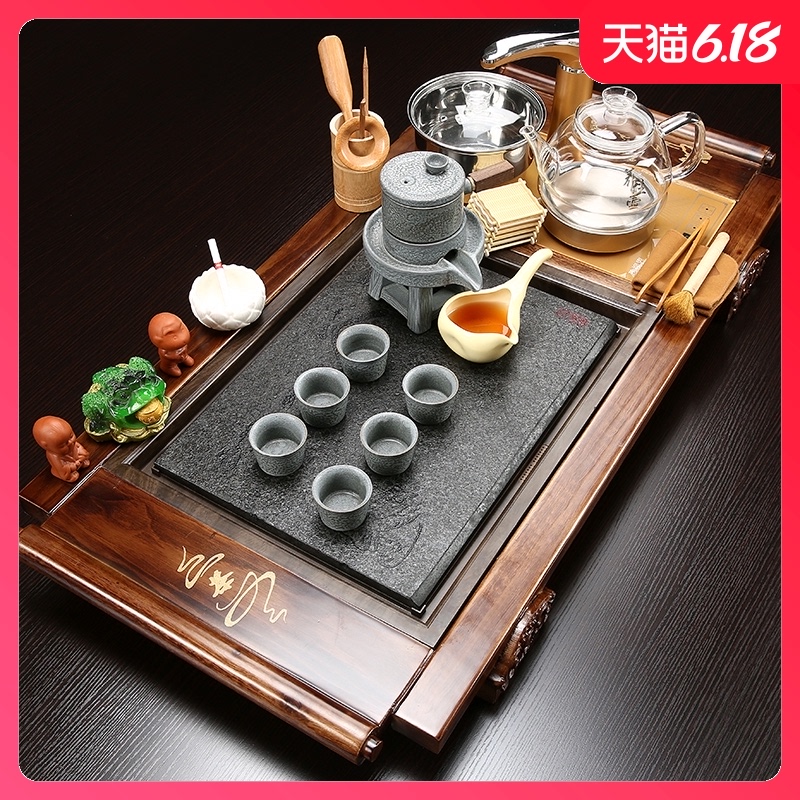 Sand embellish tea set suit household ceramics kung fu tea tea of a complete set of solid wood tea tray tea cups contracted