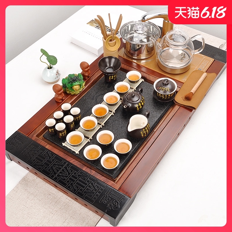 Sand run automatic tea set home health POTS, glass kung fu tea set contracted solid wood tea tray of tea