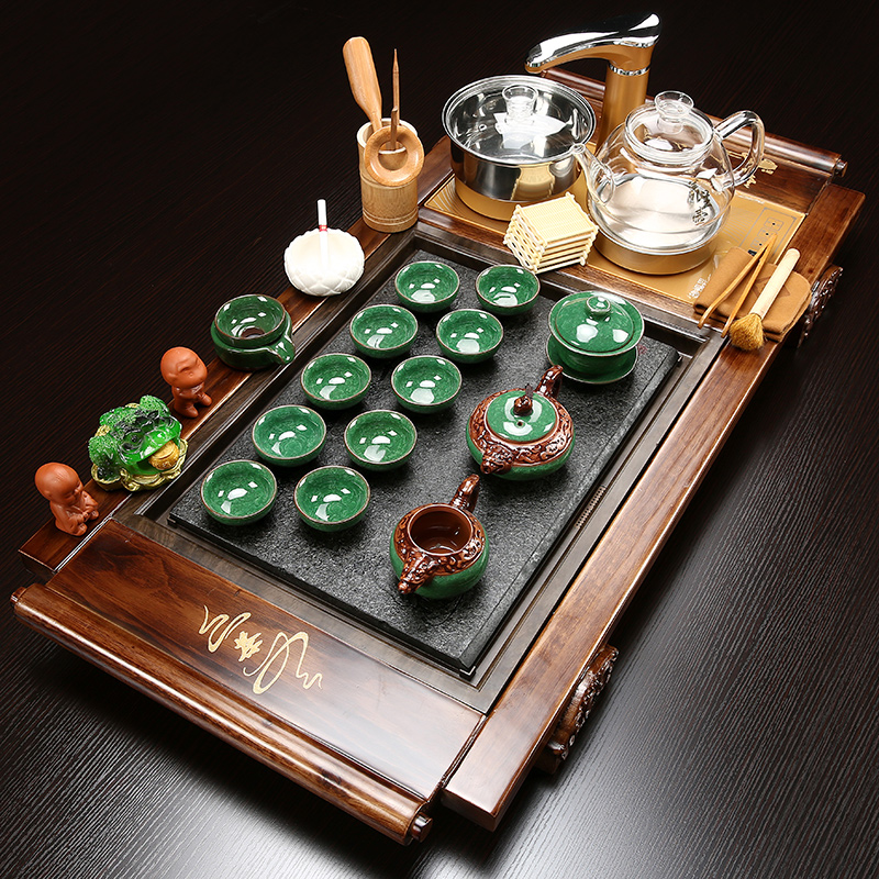 Sand embellish tea set suit household ceramics kung fu tea tea of a complete set of solid wood tea tray tea cups contracted