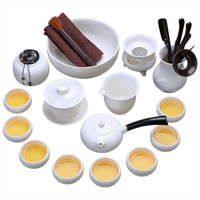 The kitchen white porcelain tea set a complete set of domestic tea cup lid bowl suet jade porcelain kung fu tea set